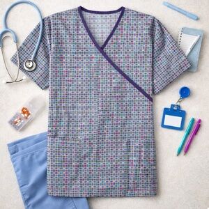 Women's SB Scrubs Purple Multi-color Blocks Size Small Tie Back Cotton Blend